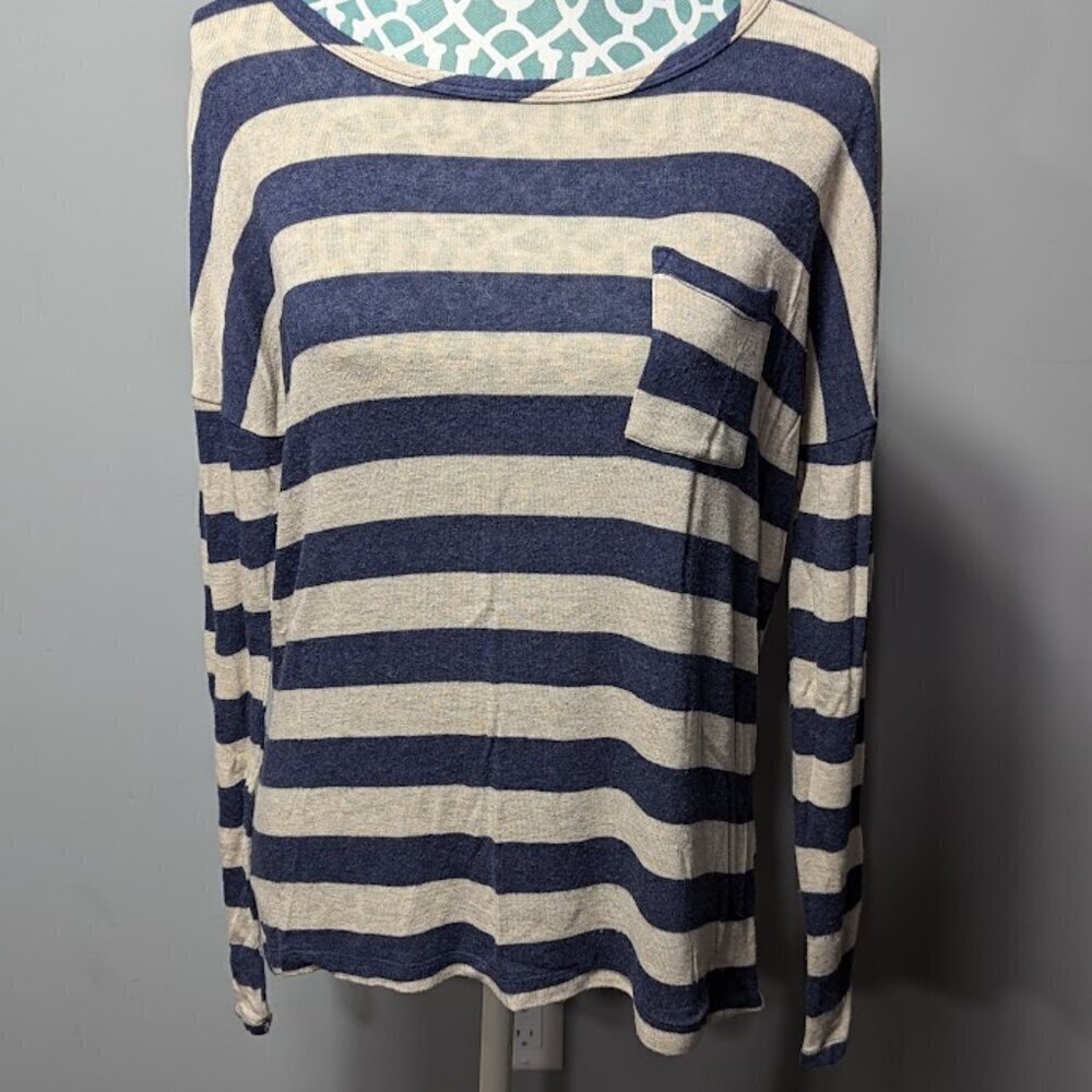 Forever 21 Tan/Navy Stripped Long Sleeve Top with pocket Women Medium